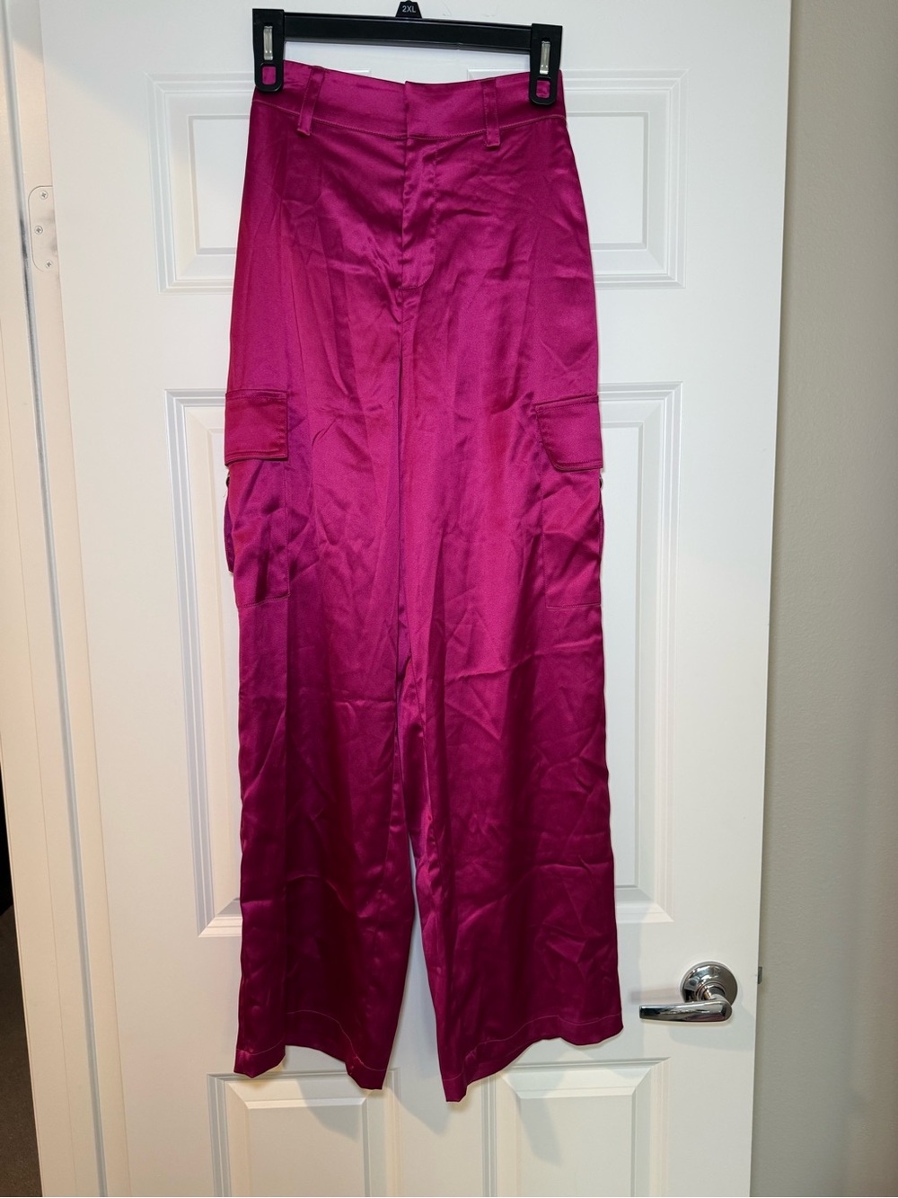 House of Harlow Wide-Leg Cargo Pants in Satin Fuchsia Pink